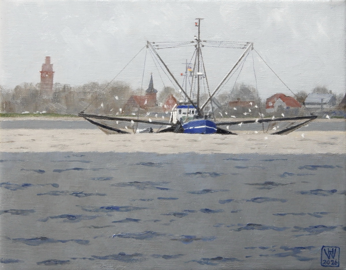 Weserinsel Harriersand: Fischkutter vor Harriersand - Öl 24x30 cm