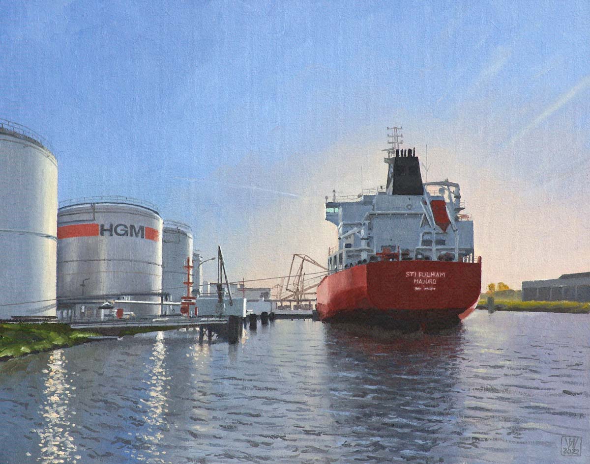 Ölumschlag im Industriehafen Bremen - Öl auf Malplatte 37x47 cm
