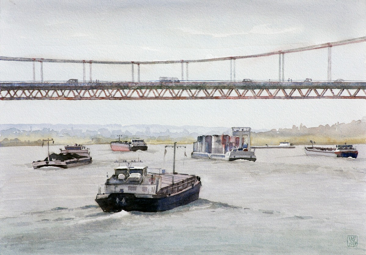Rheinschifffahrt bei Emmerich (Niederrhein) - Aquarell  35x50 cm