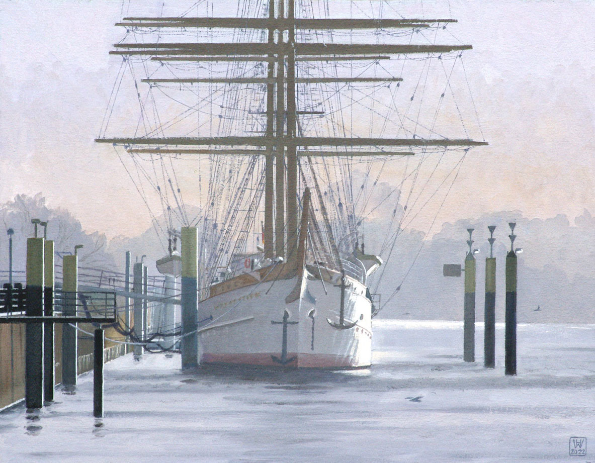 "Schulschiff  Deutschland" im Morgendunst am ehem. Liegeplatz in Bremen-Vegesack, Dez. 2018 - Öl auf Malplatte  34,5x44,5 cm