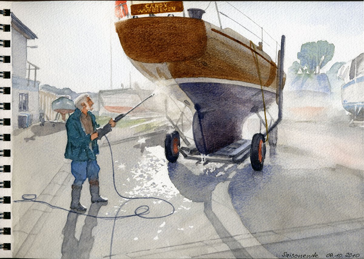Saisonende SY CANDY, Yachthafen Bremen-Grohn - Aus Aquarell-Skizzenbuch  21x28,5 cm  NFS