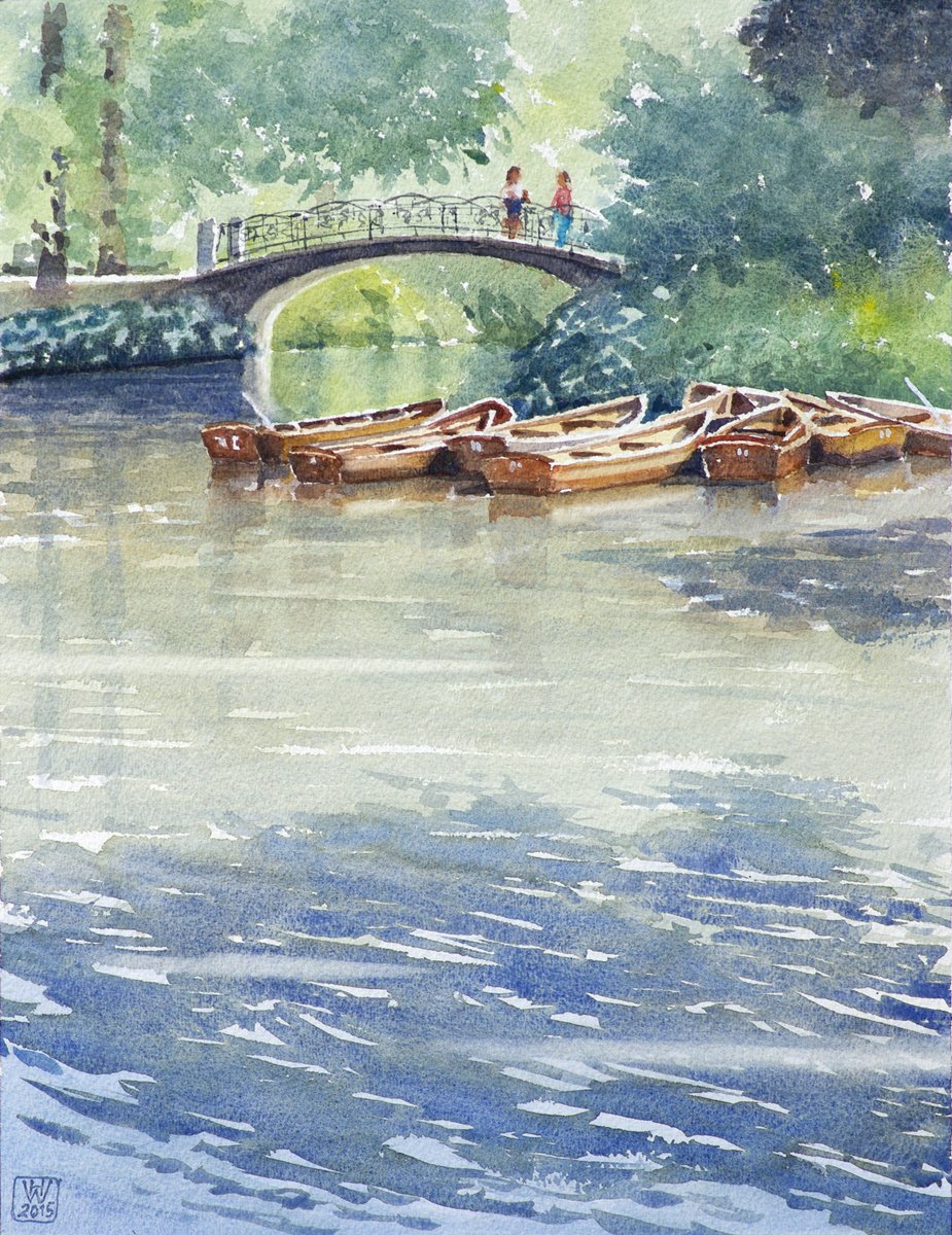 Boote an der Aselmeyerbrücke, Bremer Bürgerpark - Aquarell 42x33 cm  NFS