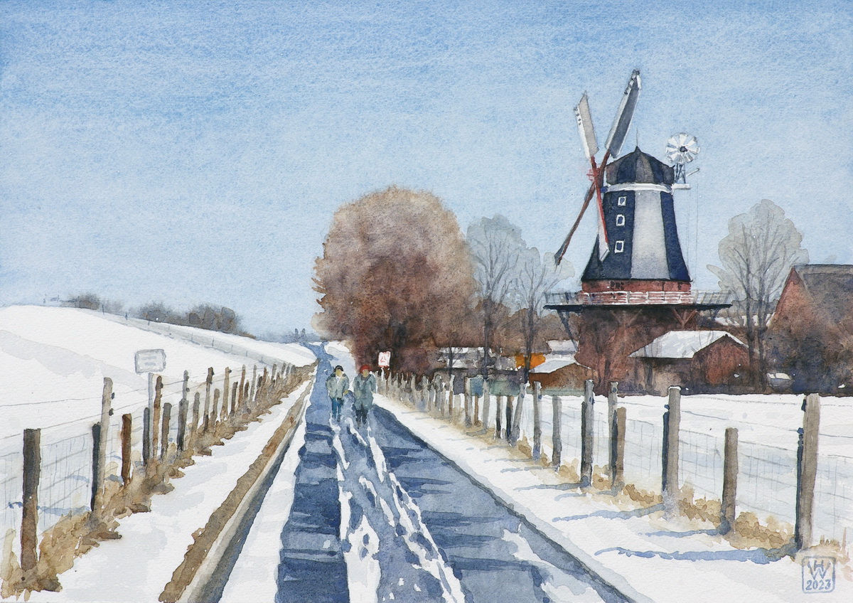 Die Windmühle am Deich in Aschwarden - Aquarell 26,5x37,5 cm