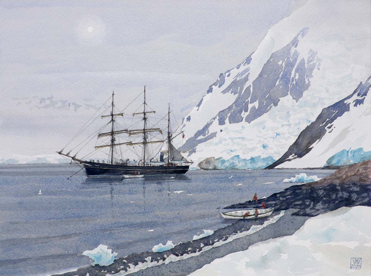 Dampfschiff GROENLAND (Kapitän Eduard Dallmann aus Bremen-Blumenthal) 1873/74 in der Antarktis -  Aquarell 34,5x46 cm  NFS