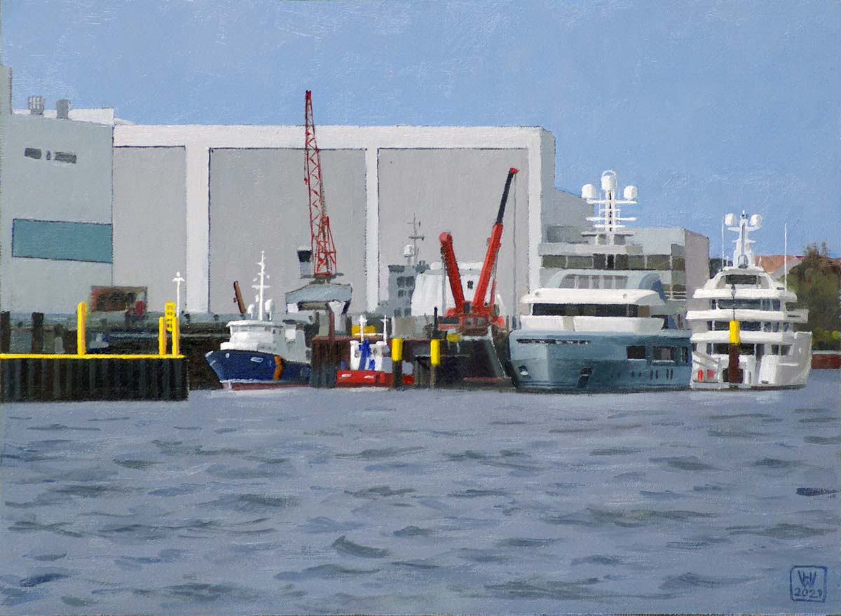 Yachtwerft 2021 (A&R, Lemwerder/Unterweser) - Öl auf Malplatte  27,5x37,5 cm