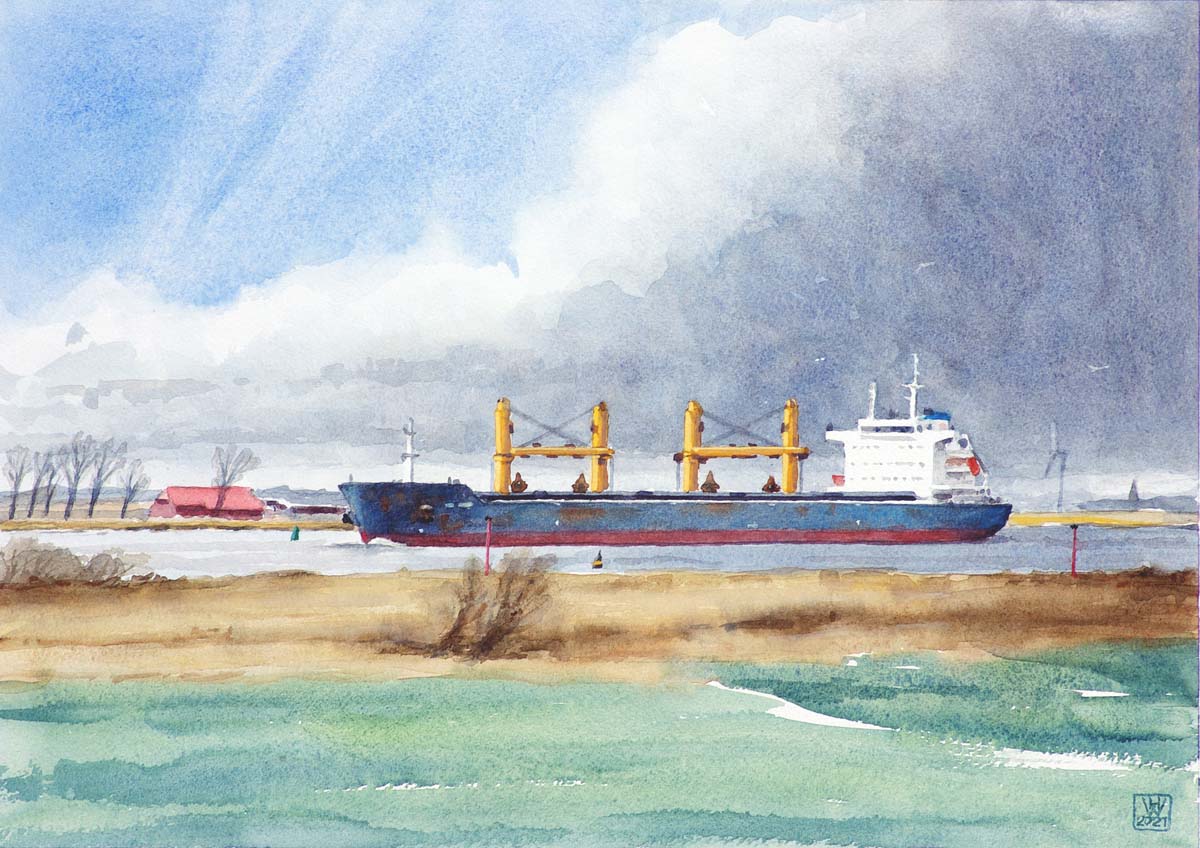 Massengutfrachter auf der Unterweser bei Sandstedt  -  Aquarell  32x46 cm