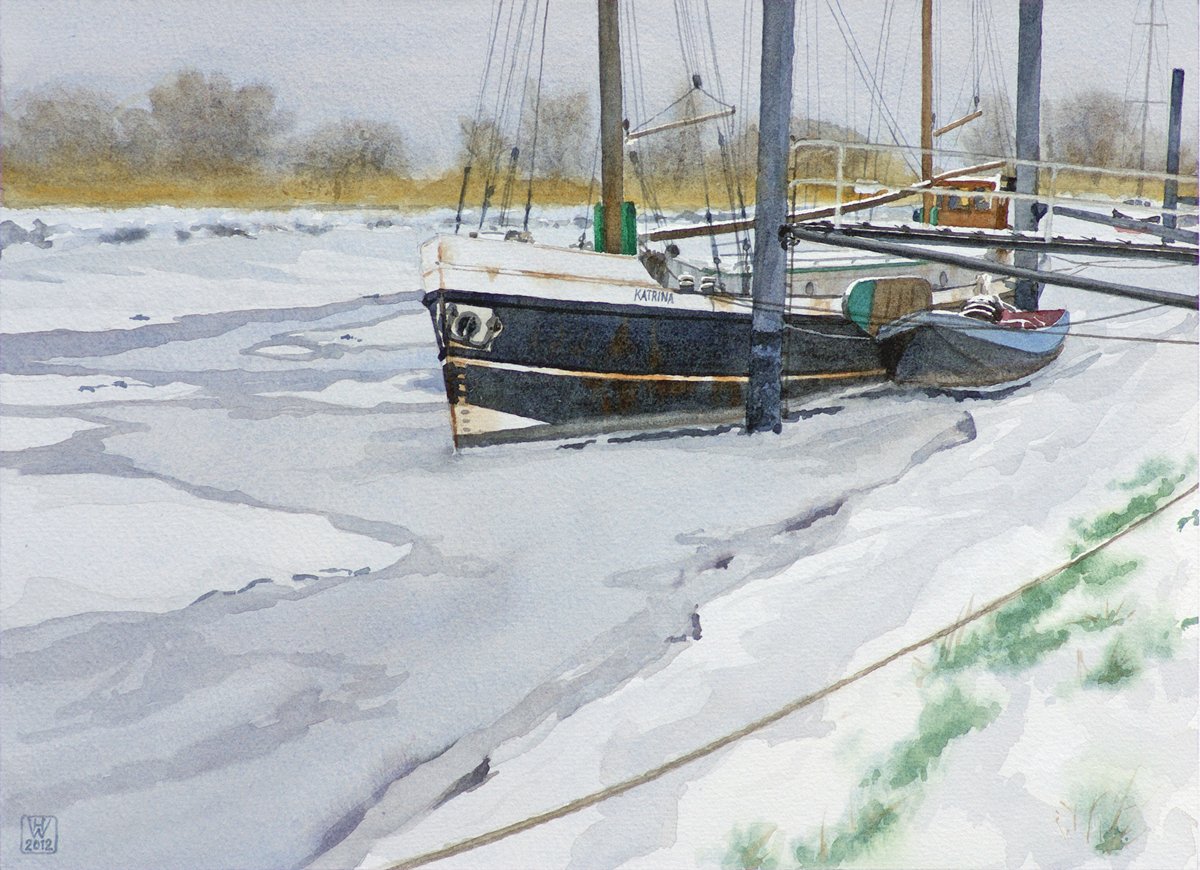 KATRINA im Eis, Wischhafen/Unterelbe - Aquarell  32x44 cm