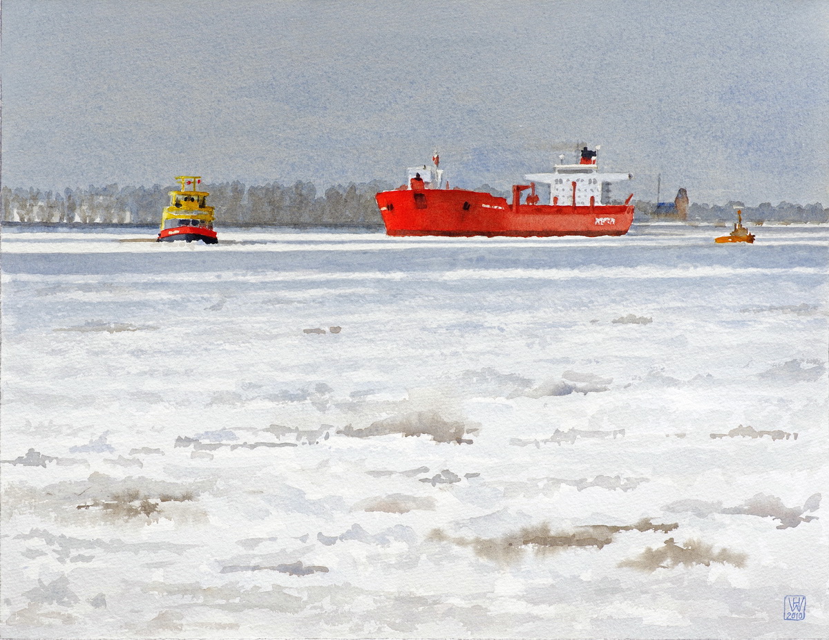 Roter Tanker auf vereister Elbe bei Hamburg - Aquarell  33x43 cm