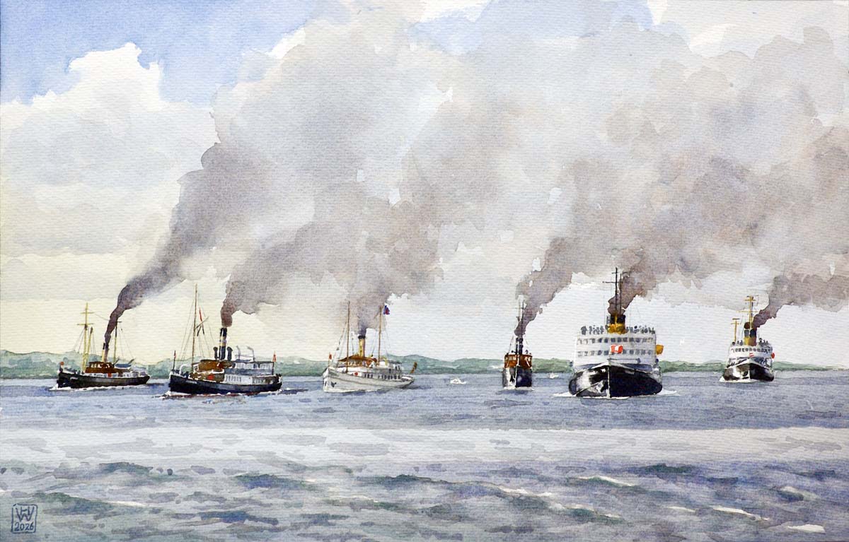 Dampferrennen Flensburg ("Dampf Rundum" v.l.n.r. BUSSARD, ALEXANDRA, SCHAARHÖRN, BØRØYSUND, STETTIN, WAL) - Aquarell 32x50 cm NFS