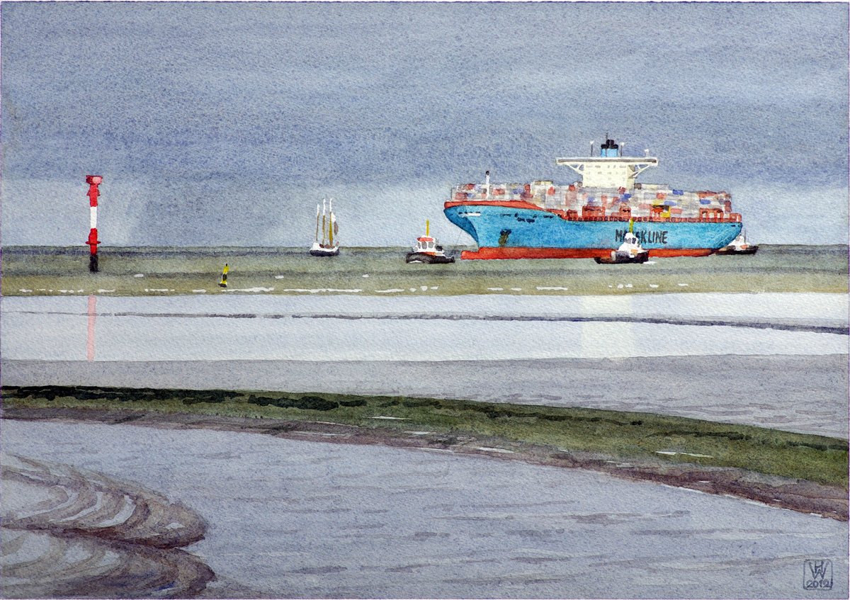 Einlaufen ELLY MAERSK in Bremerhaven - Aquarell  27x38,5 cm