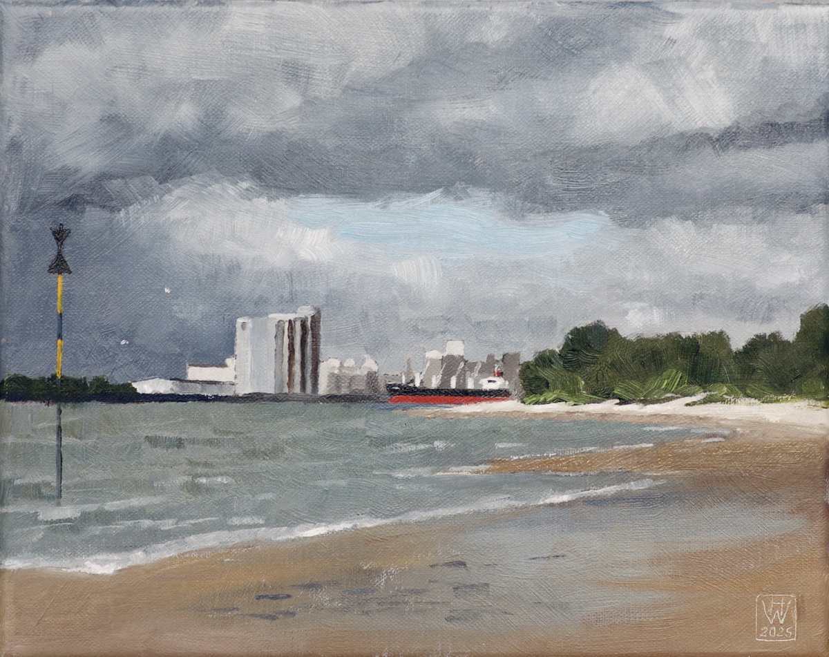 Weserinsel Harriersand: Strand mit Blick auf Hafen Brake - Öl 24x30 cm