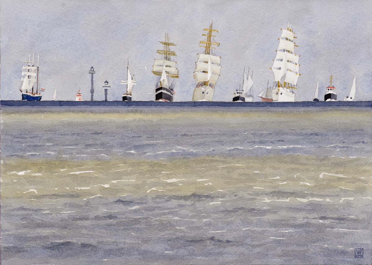 Einlaufparade Sail 2010 Bemerhaven - Aquarell  37x52 cm (überarbeitet)