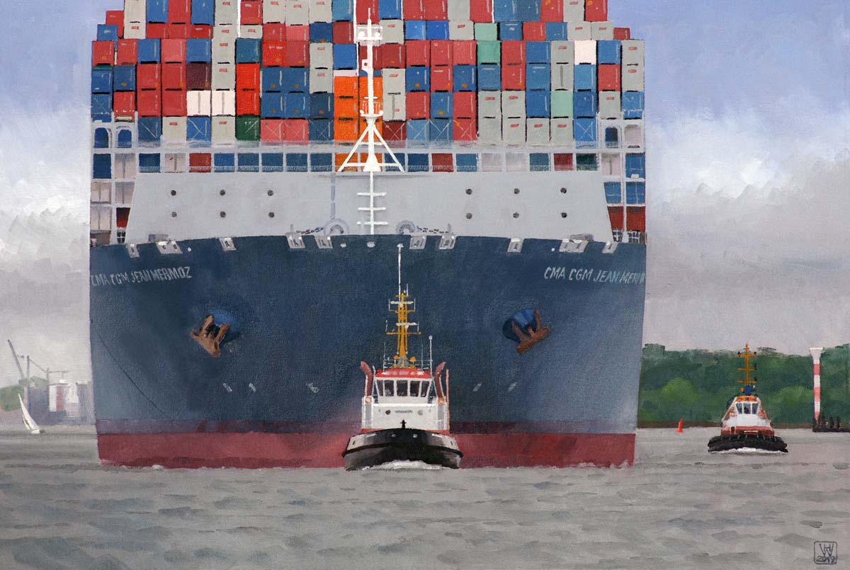 Containerschiff am Haken, Hamburg  -  Öl auf Malplatte  36x54 cm