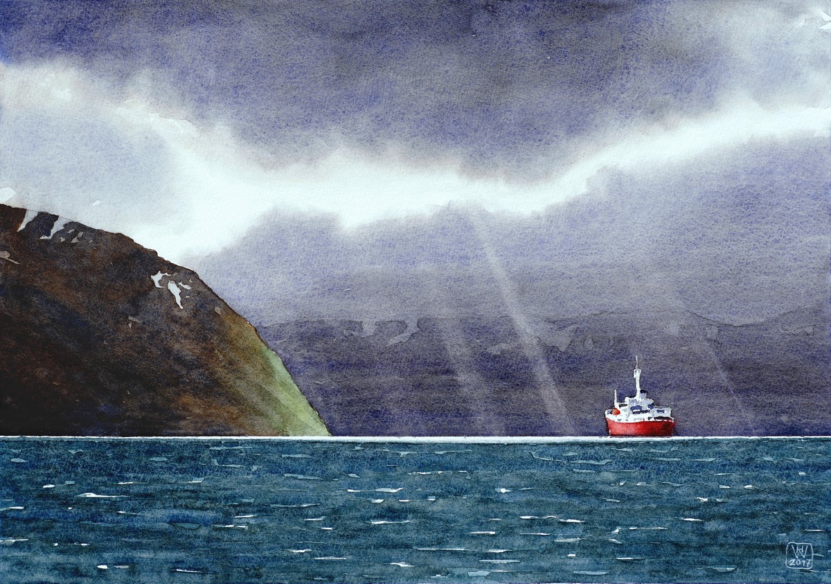 Licht des Nordens (Landschaft bei Øksfjord, Nordnorwegen) - Aquarell  35x50 cm  (überarbeitet) NFS