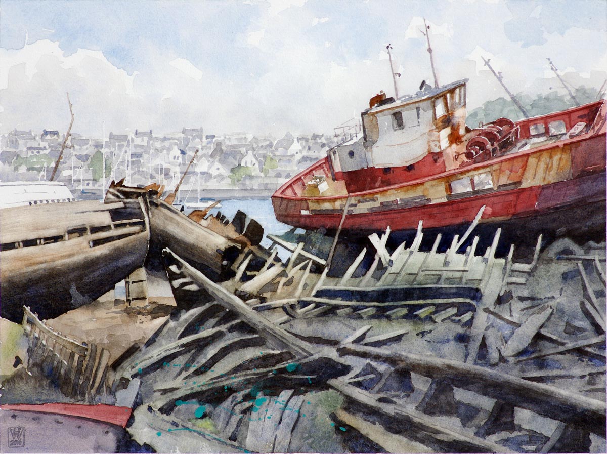 Schiffsfriedhof, Douarnenez, Bretagne - Aquarell  33x44 cm  NFS