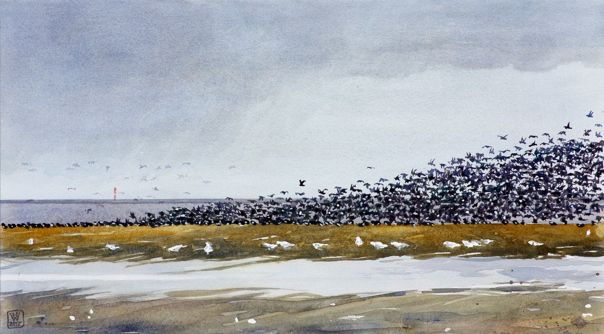 Vogelzug, Nordsee - Aquarell 30,3x54,3 cm  NFS