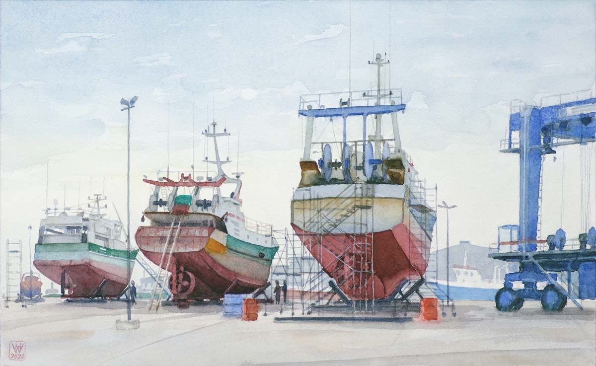 Fischtrawler in der Werft, Le Guilvinec, Bretagne - Aquarell 28 x 46 cm