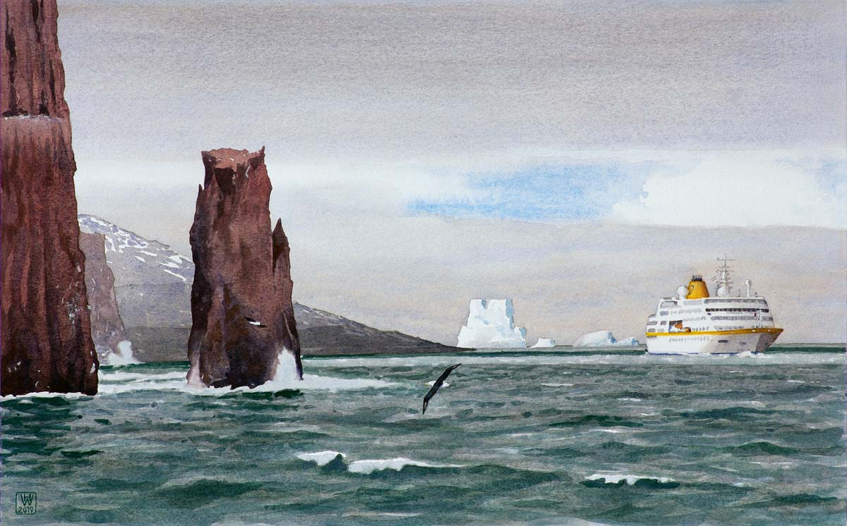 MS HAMBURG steuert Deception Island (Antarktis) an  -  Aquarell 35x56 cm