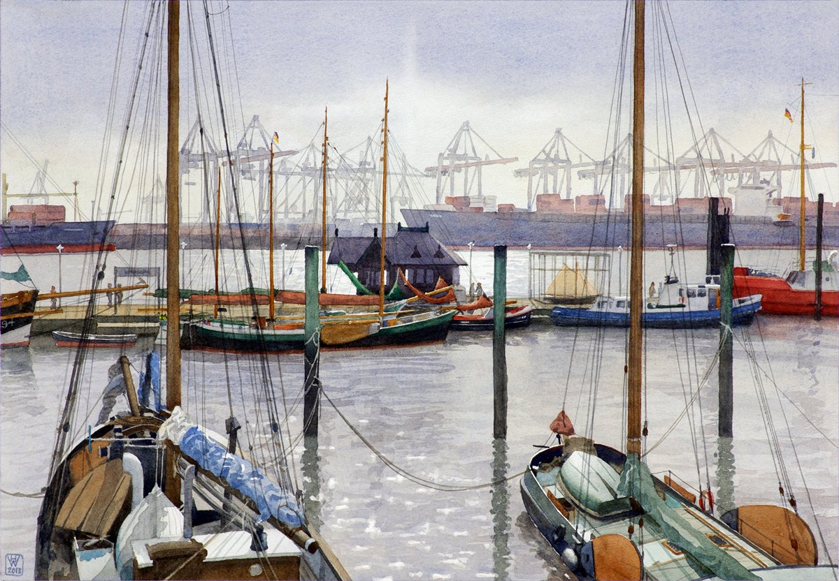 Museumshafen Hamburg-Oevelgönne - Aquarell  45x65 cm  NFS