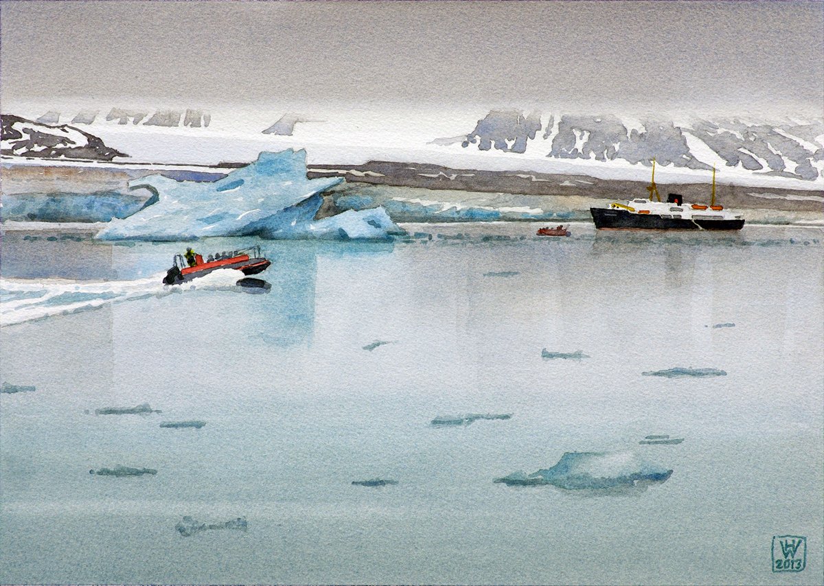 Spitzbergen (Norwegen), Tourismus am Lilliehöök-Gletscher - Aquarell 27,5x38 cm