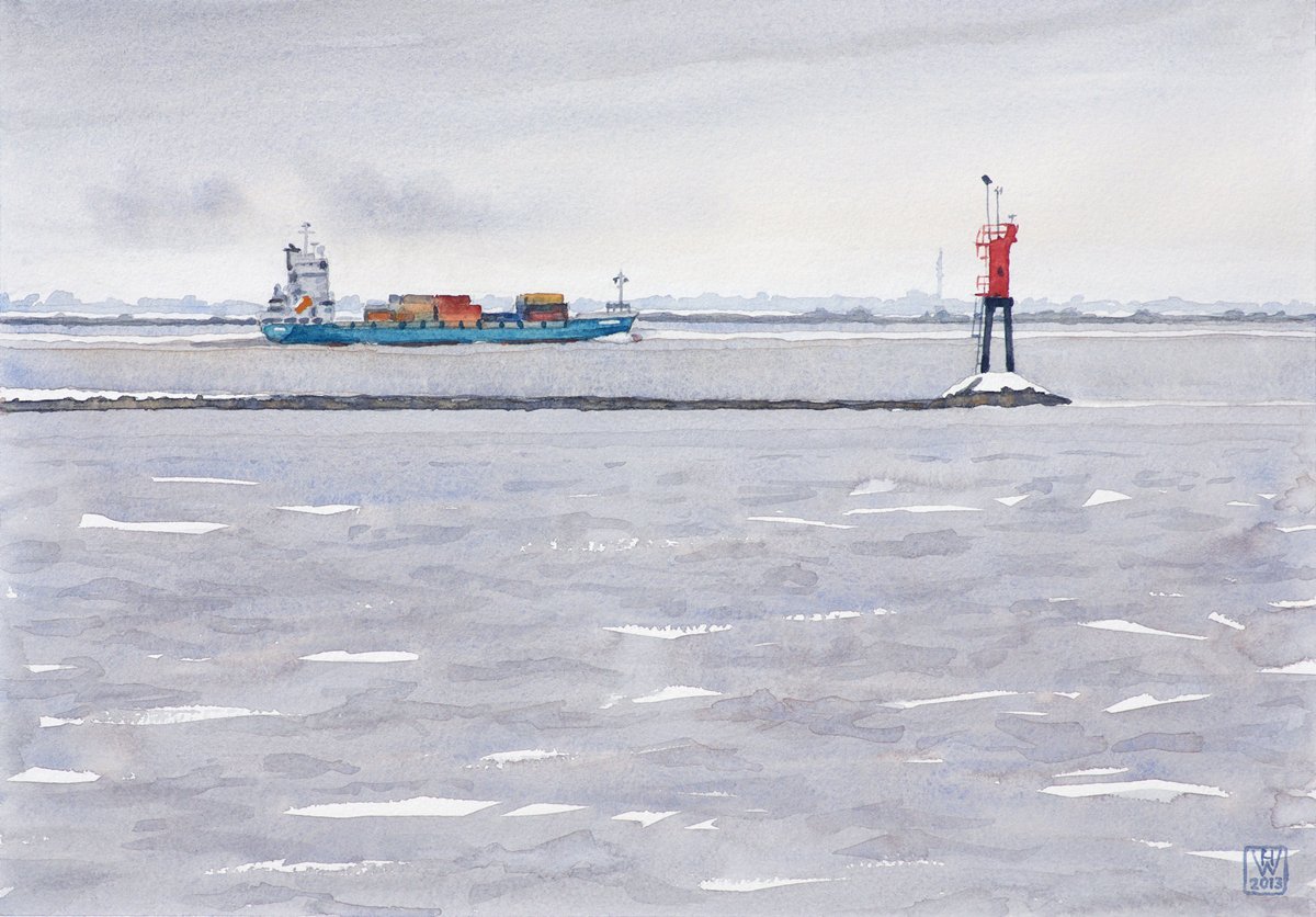 Winterliche Elbe bei Glückstadt - Aquarell  25,5x36,5 cm