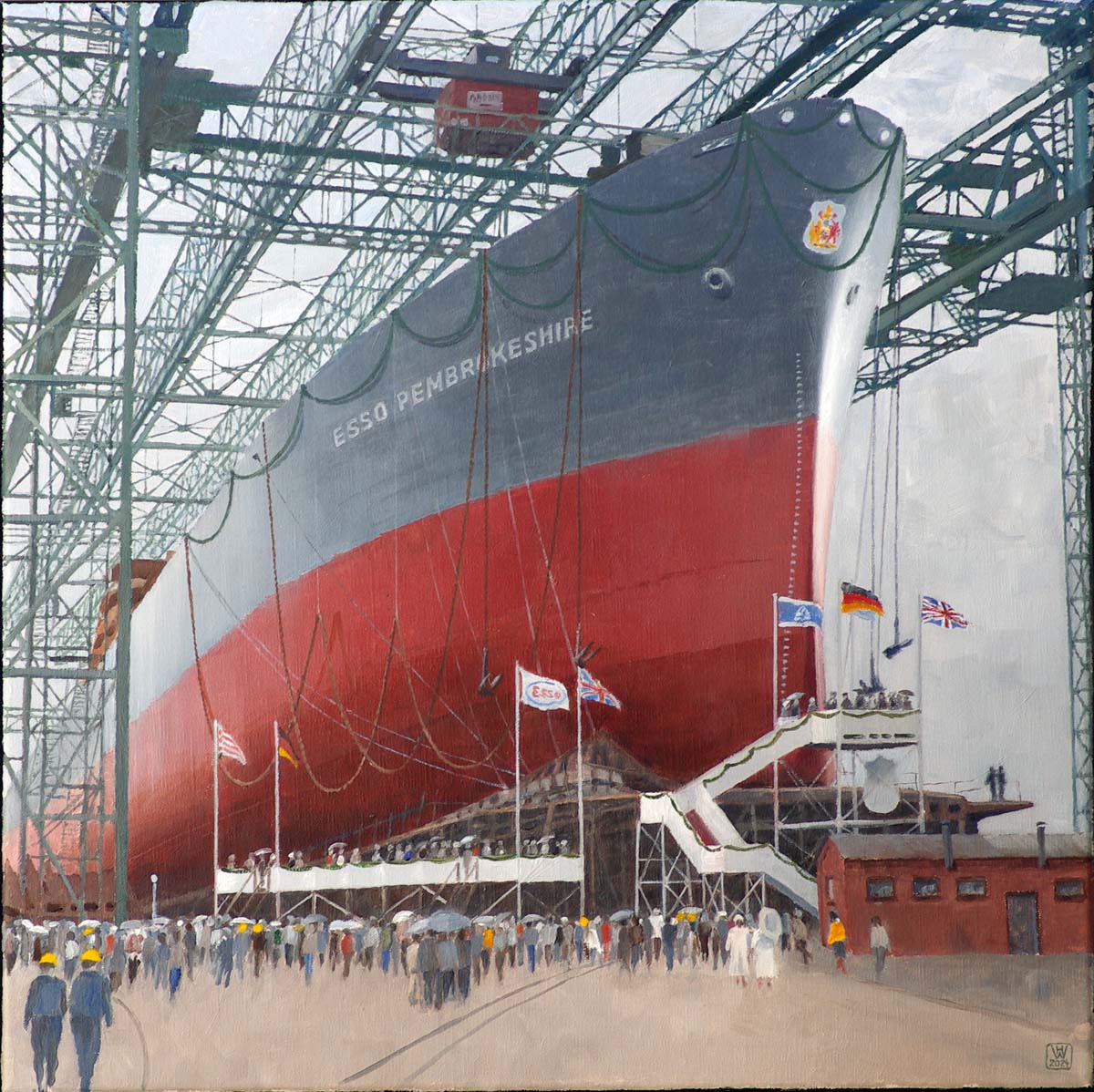 Stapellauf Großtanker ESSO PEMBROKESHIRE Werft AG Weser, Bremen 1961  -   Öl auf Leinen 60x60 cm  NFS