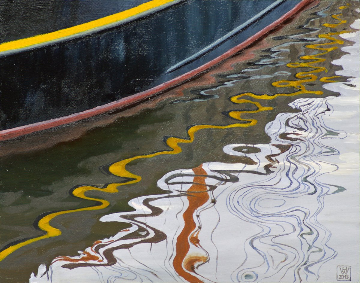 Spiegelung Kutter RUNGHOLT, Bremerhaven - Öl auf Malplatte  24x30 cm  NFS