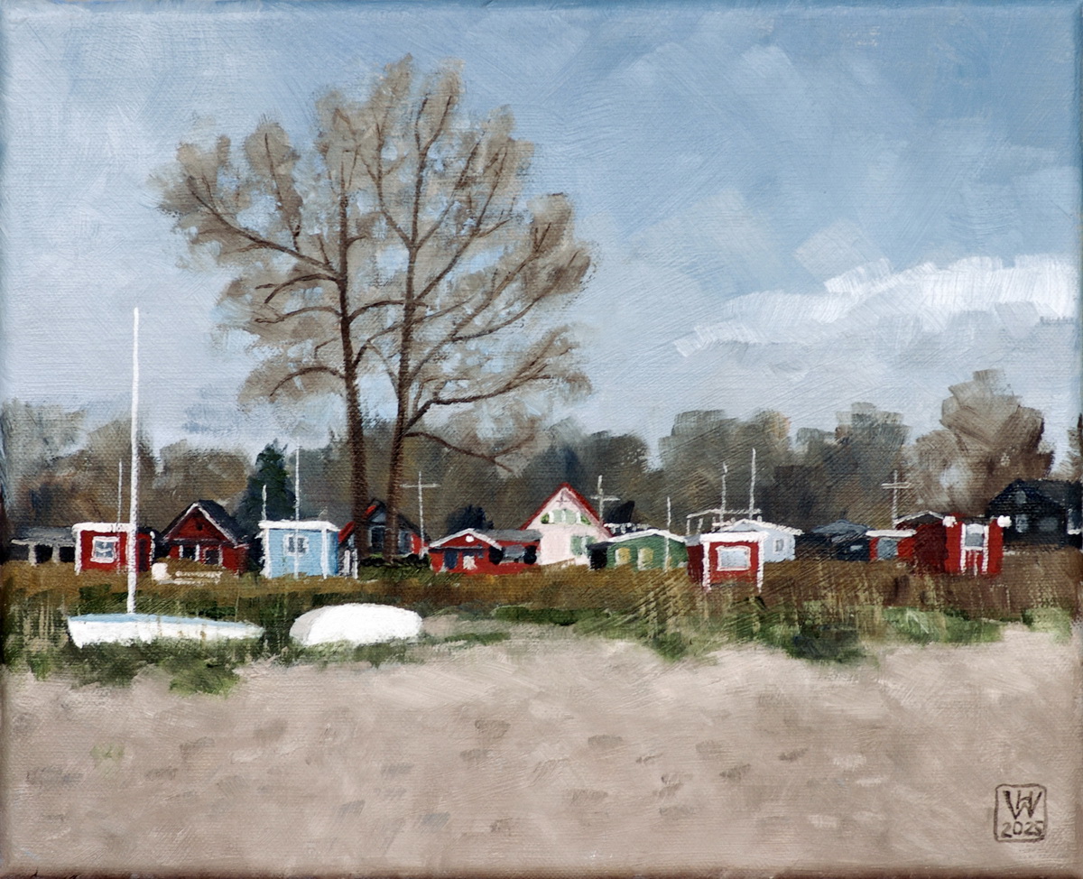 Weserinsel Harriersand: Ferienhaussiedlung am Strand - Öl 24x30 cm