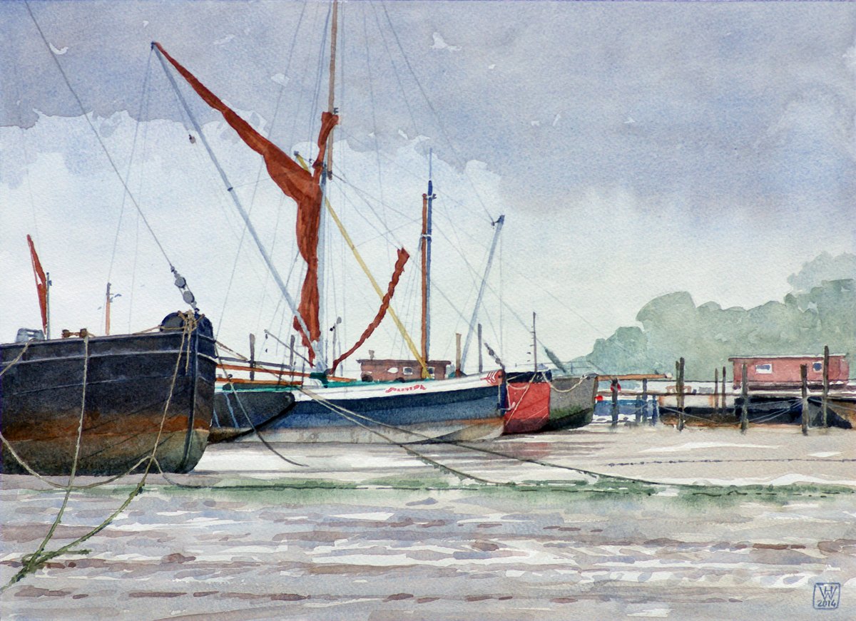 Regentag, Pin Mill, Suffolk (England) - Aquarell 32x44 cm