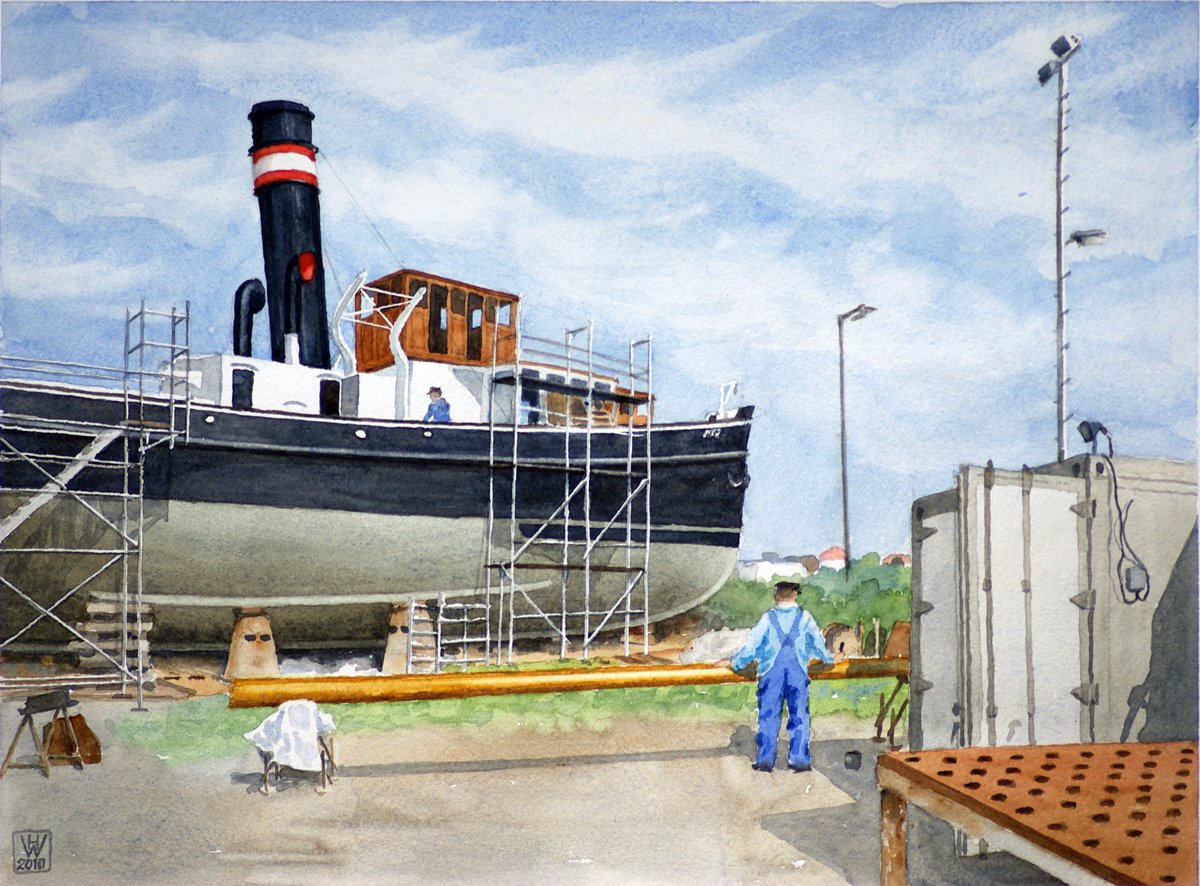 Restaurierung Dampfer WELLE, Bremerhaven - Aquarell  28x38 cm