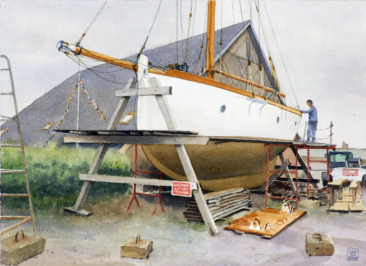 Bootsrestaurierung, Saint-Vaast-la-Hougue, Normandie - Aquarell  32x44 cm 