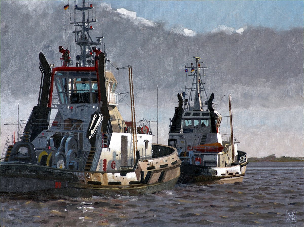 Schlepper im Abendlicht, Bremerhaven - Öl auf Malplatte 30x40 cm  NFS