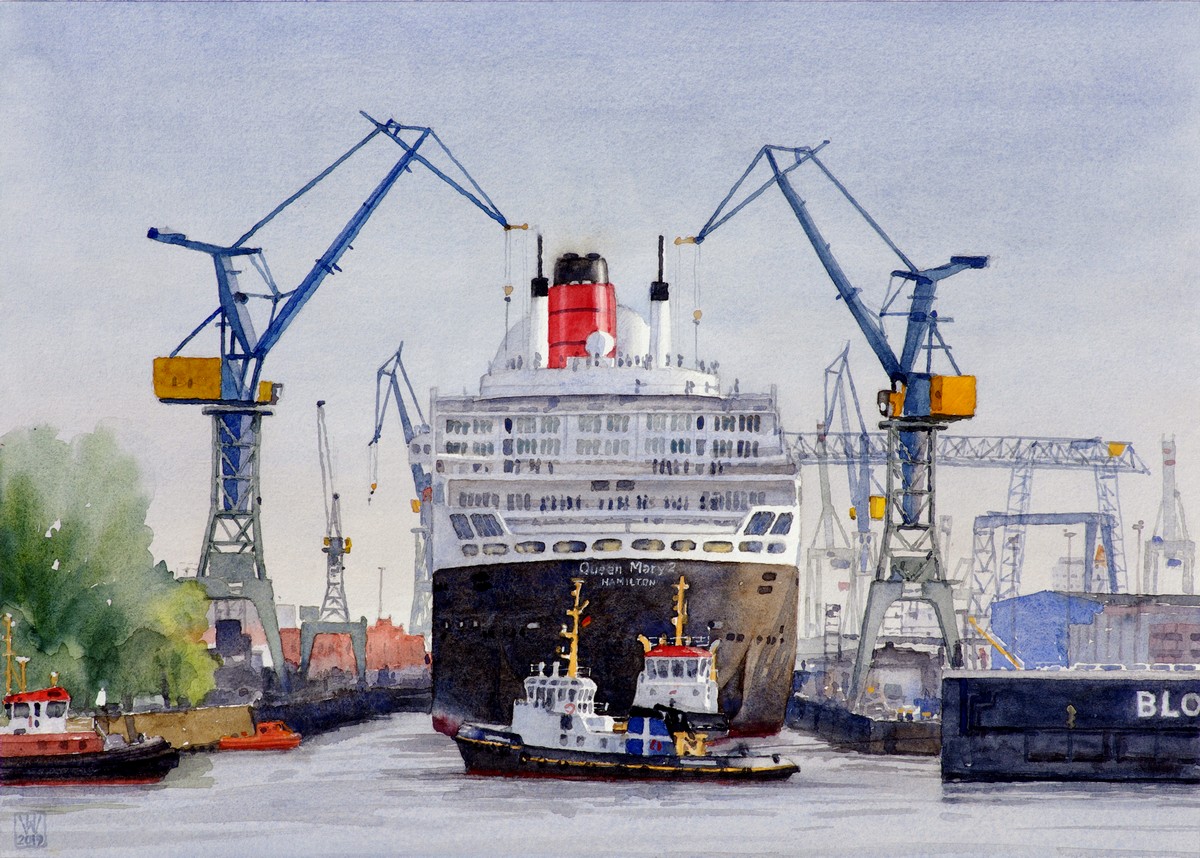 Eindocken "Queen Mary 2" bei Blohm & Voss, Hamburg  -  Aquarell  33x46 cm