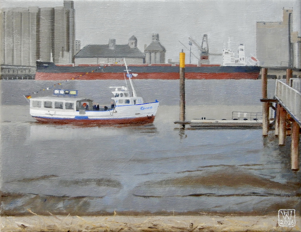 Weserinsel Harriersand: Fähre GUNTSIET kommt von Brake - Öl 24x30 cm