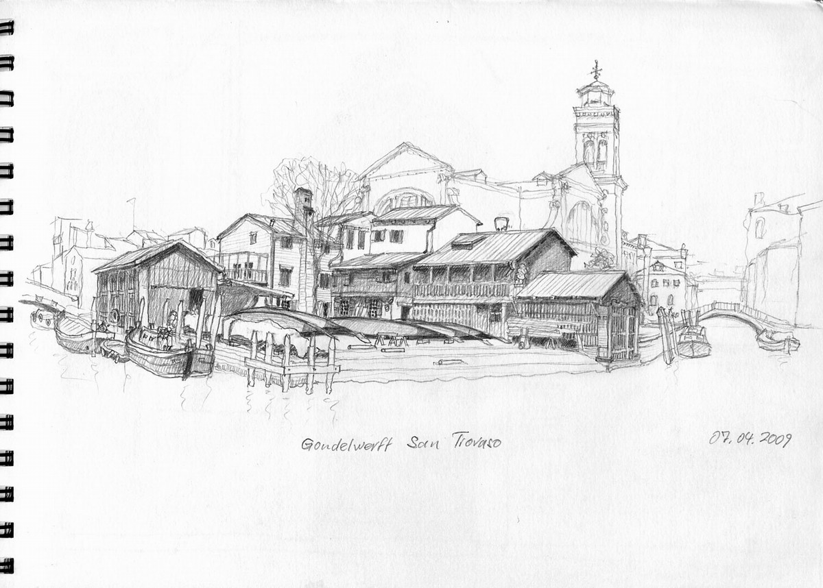 Squero di San Trovaso (Gondelwerft), Venedig - Aus Skizzenbuch  21x28,5 cm  NFS