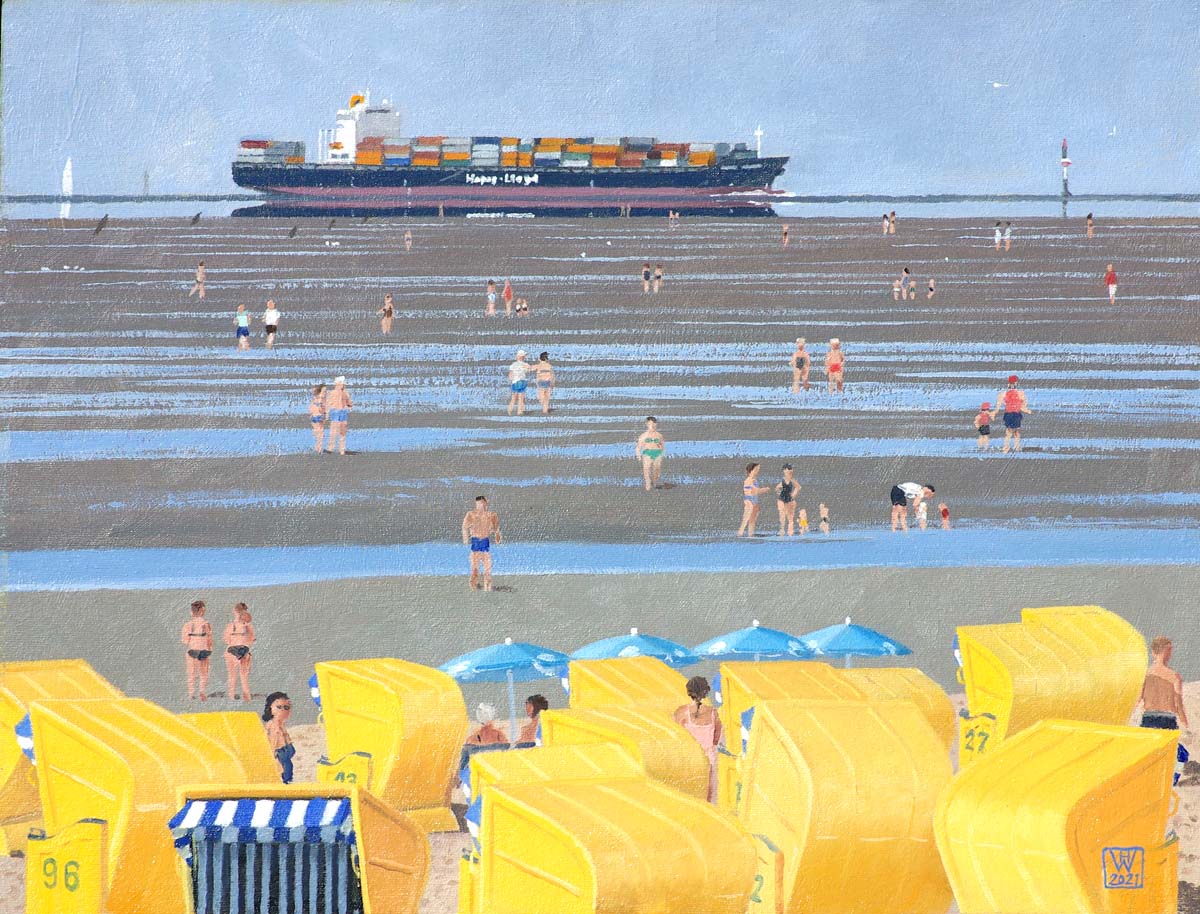 Strandleben und Watt, Cuxhaven-Döse 2018 - Öl auf Malplatte  34,5x44,5 cm