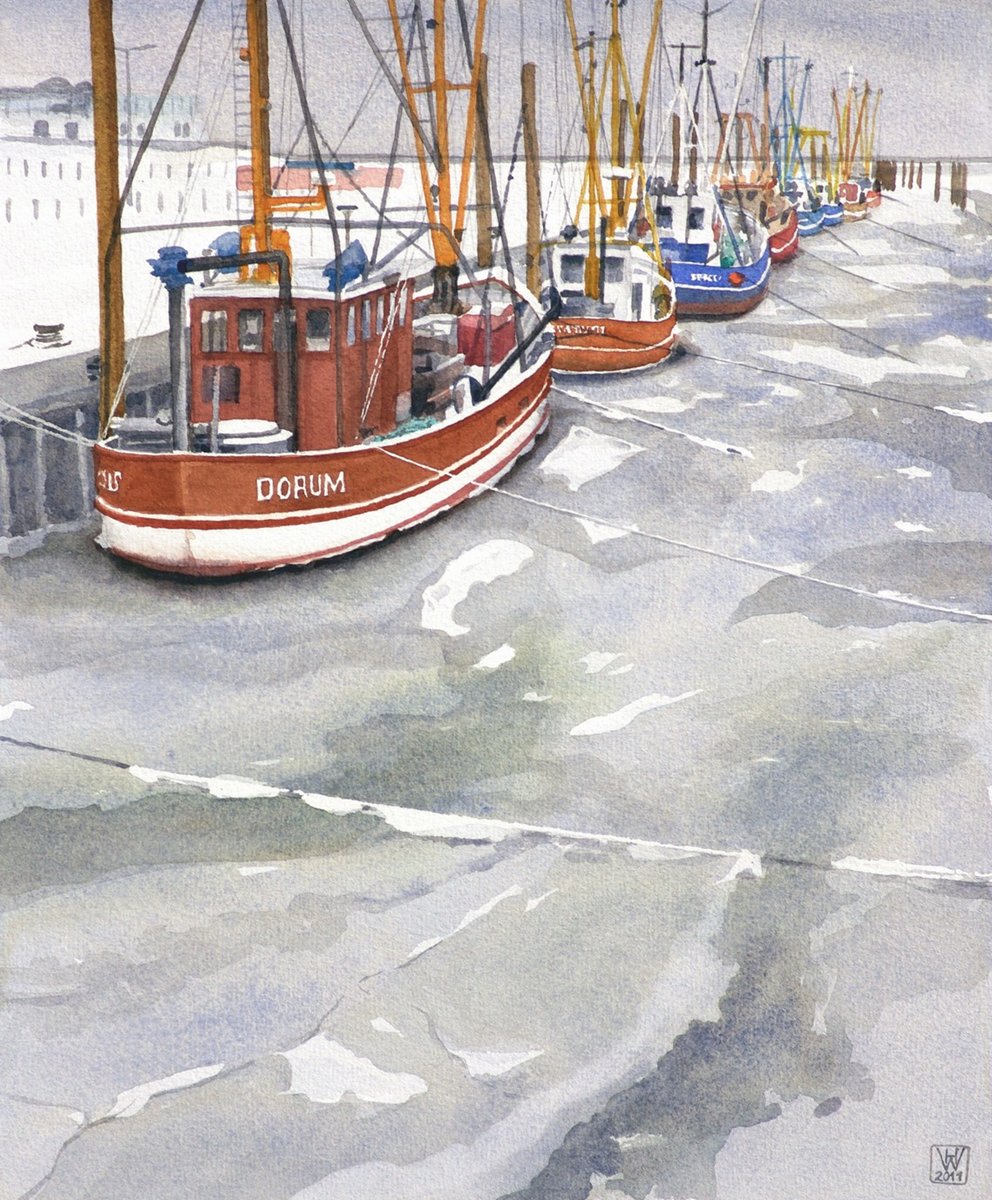 Krabbenkutter im Eis, Dorumer Neufeld/Unterweser - Aquarell  44x36 cm  NFS