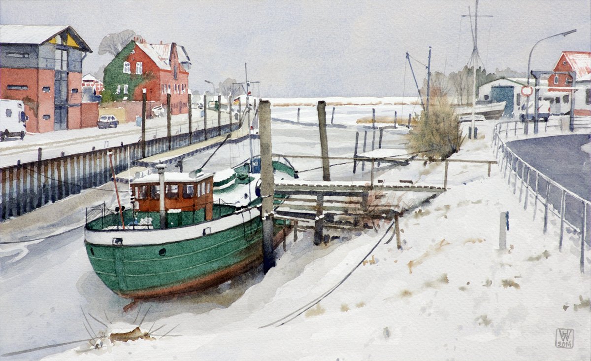Hafen Freiburg/Unterelbe - Aquarell  28x46 cm