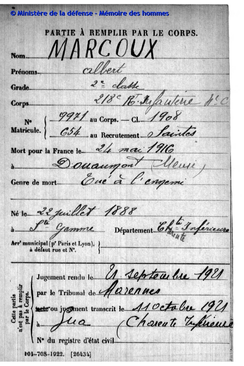 Albert MARCOU MPLF le 24 mai 1916 à Douaumont