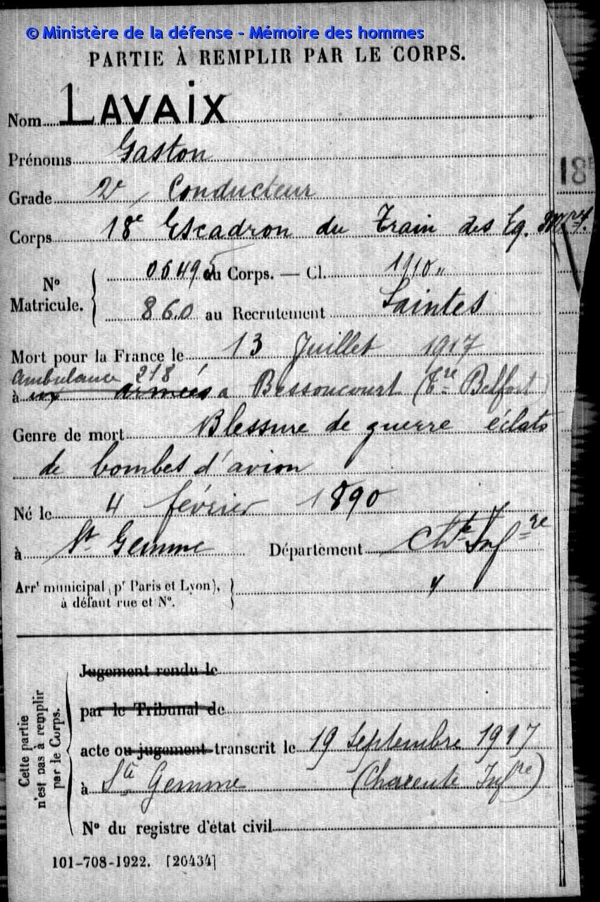 Gaston LAVAIX MPLF le 13 juillet 1917 à Bessoncourt (90)