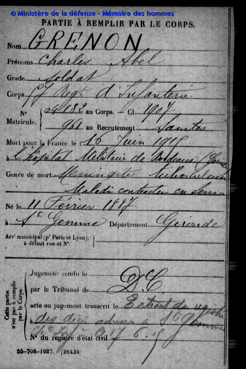 Charles GRENON MPLF le 16 juin 1915