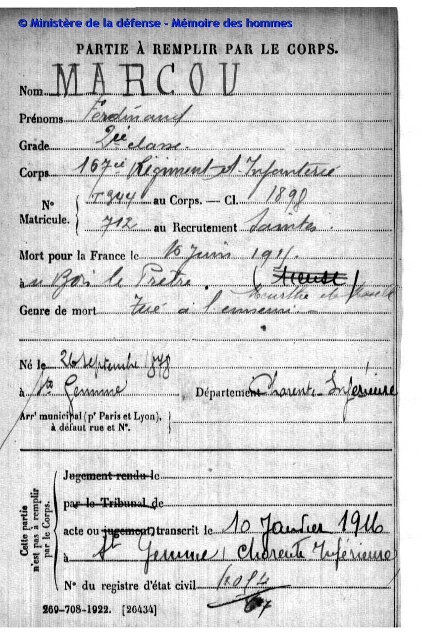 Ferdinand MARCOU MPLF le 16 juin 1915 à Bois le Prêtre