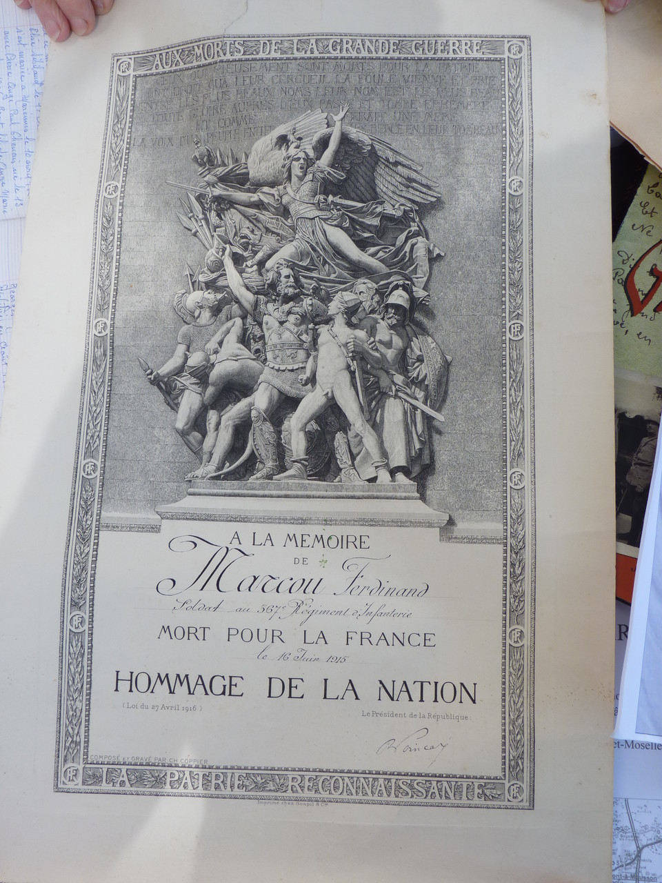 Ferdinand MARCOU MPLF le 16 juin 1915 à Bois le Prêtre