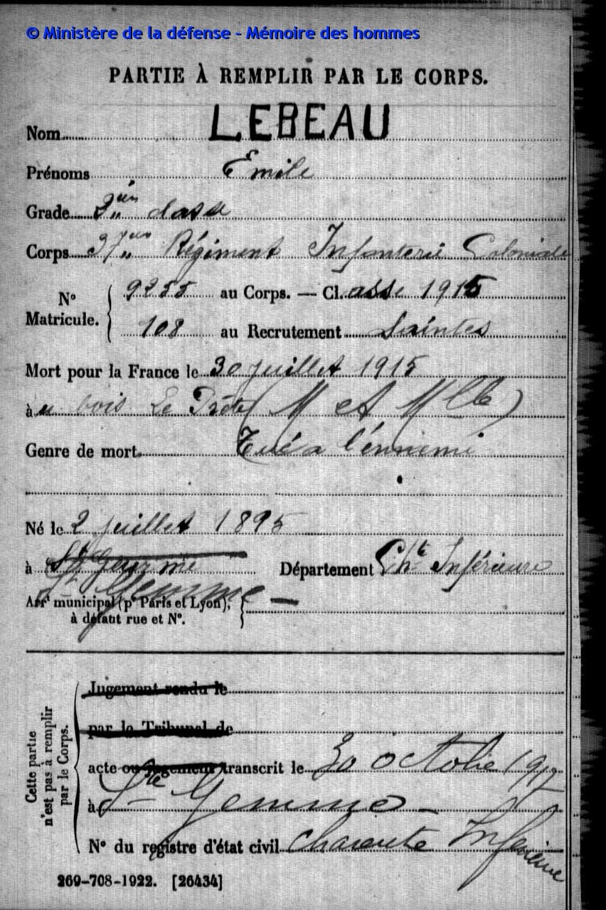 Emile LEBEAU MPLF le 30 juillet 1915