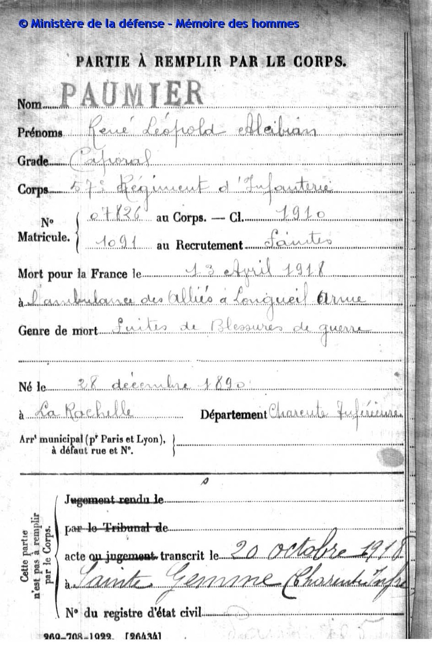 René PAUMIER MPLF le 13 avril 1918 