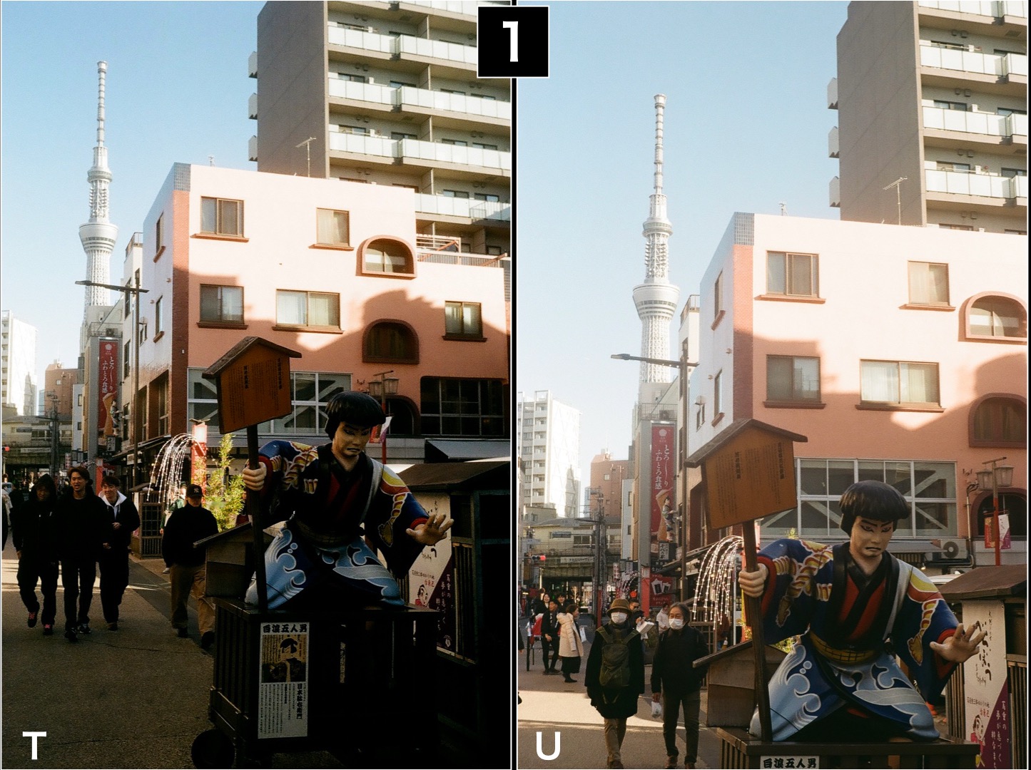（T）はRollei 35（テッサー 40mm F3.5）の略。  （U）はVITESSA（ウルトロン 50mm F2）の略。（T）は（U）に比べてコントラストが高いことがわかります。