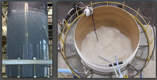 bubble column at LEGI (400mm diameter, left) and at IFPEN-Solaize (3000mm, right)