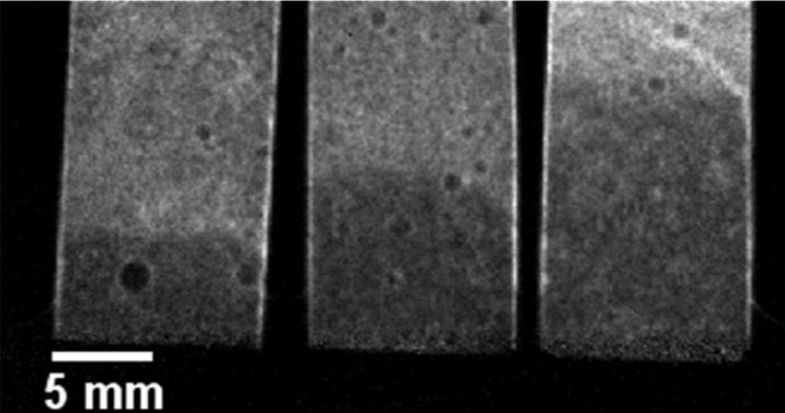 Dark-field radiograph during capillary uptake in 3 mortar samples with different thermal damage