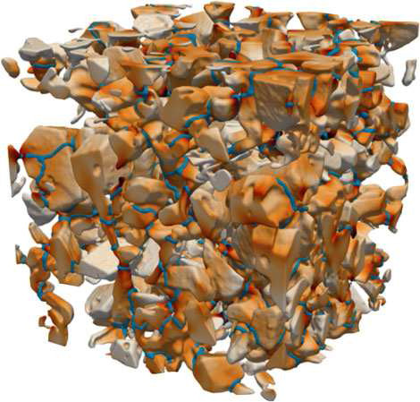 Microstructure of a layer of faceted snow crystals obtained through X-ray microtomography. Blue lines correspond to segmented grain boundaries. Sample side length: 4 mm. (from Hagenmuller et al., 2014)