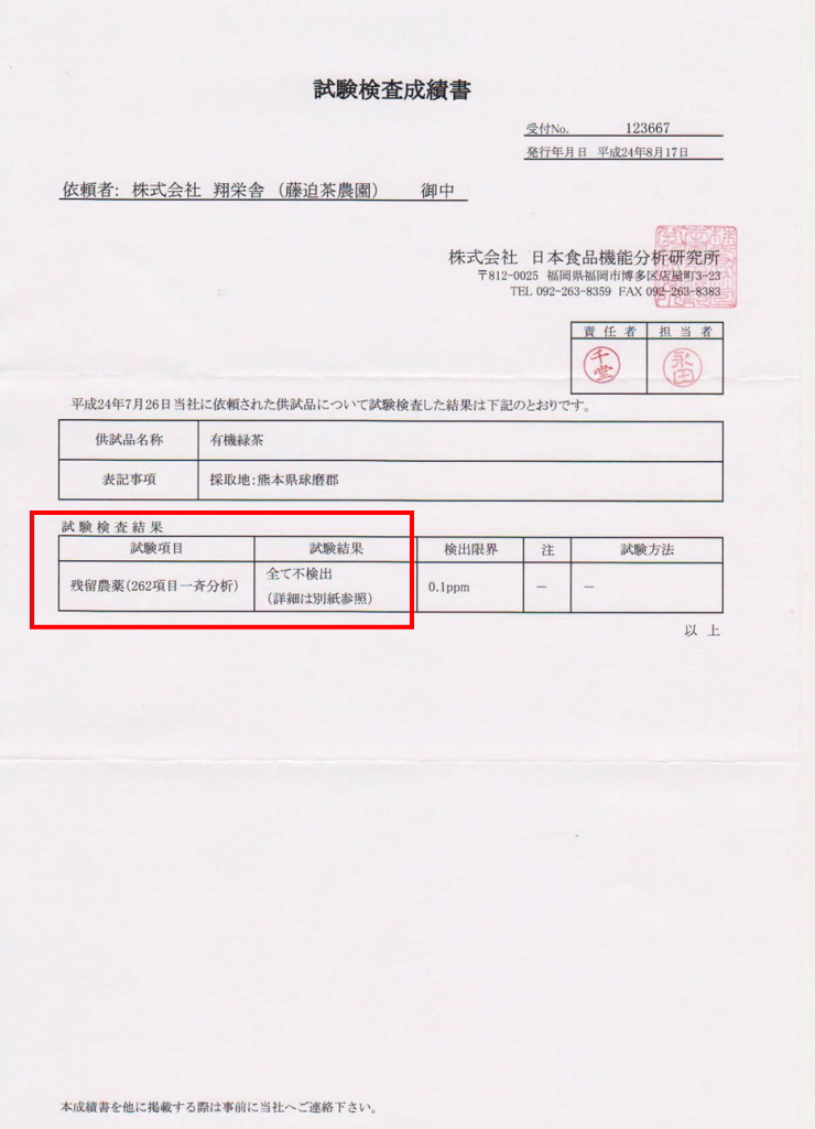 製品(お茶)への残留農薬の有無の検査結果。検査時点で対象となる262項目すべてにおいて検出されていません。